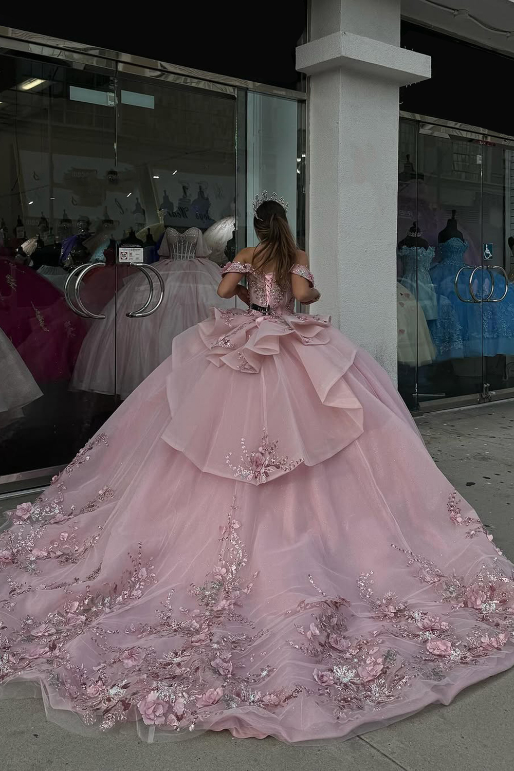 Off-the-Shoulder Blush Pink Ball Gown with Floral Applique and Tulle Train for Quinceanera