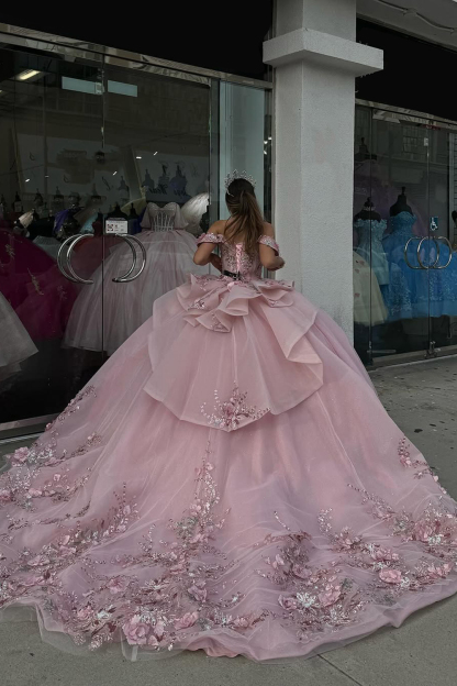 Off-the-Shoulder Blush Pink Ball Gown with Floral Applique and Tulle Train for Quinceanera