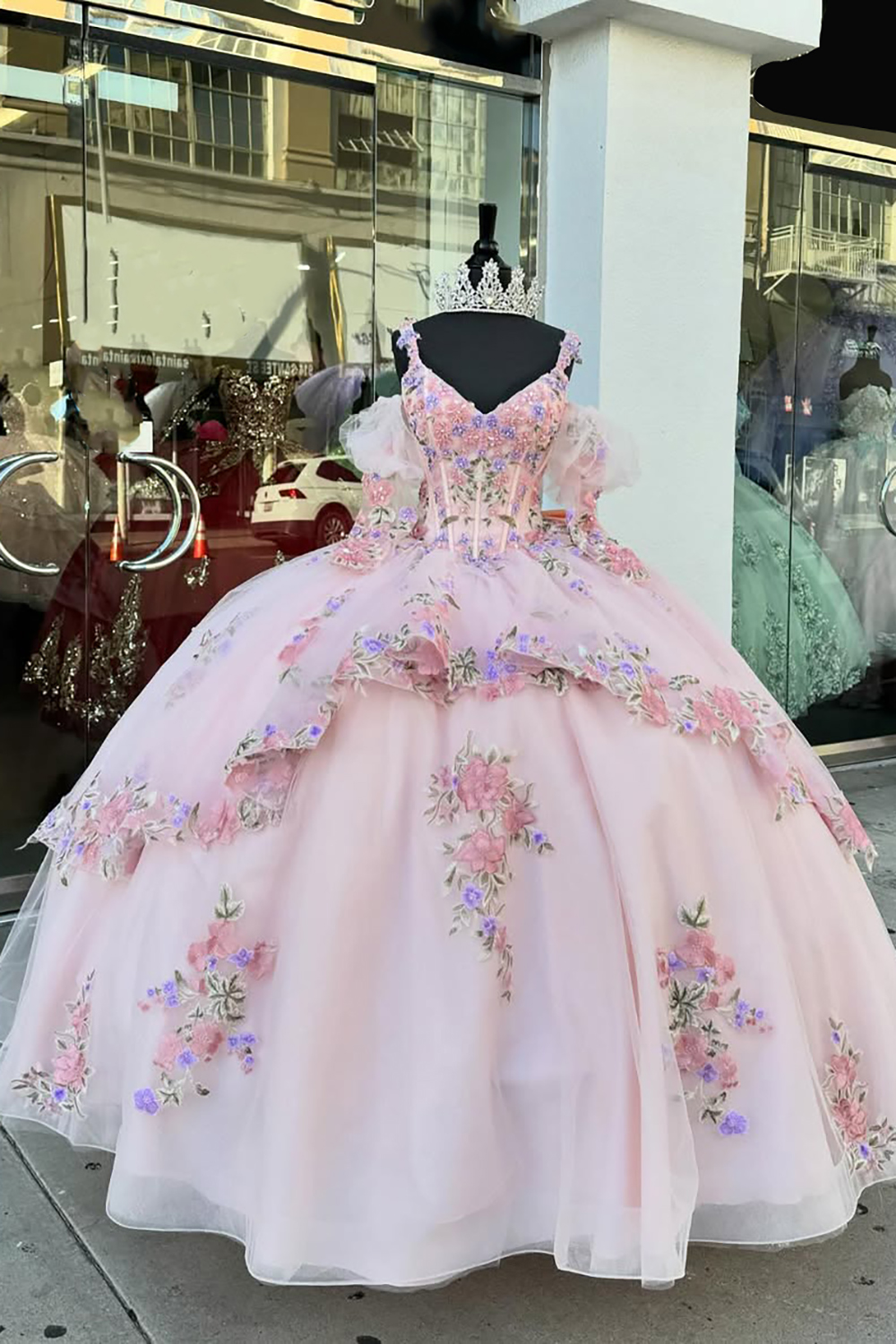 Princess Quinceanera Dress in Blush Pink with Flower Applique and Spaghetti Straps