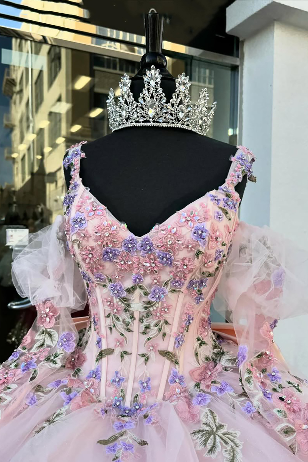 Princess Quinceanera Dress in Blush Pink with Flower Applique and Spaghetti Straps