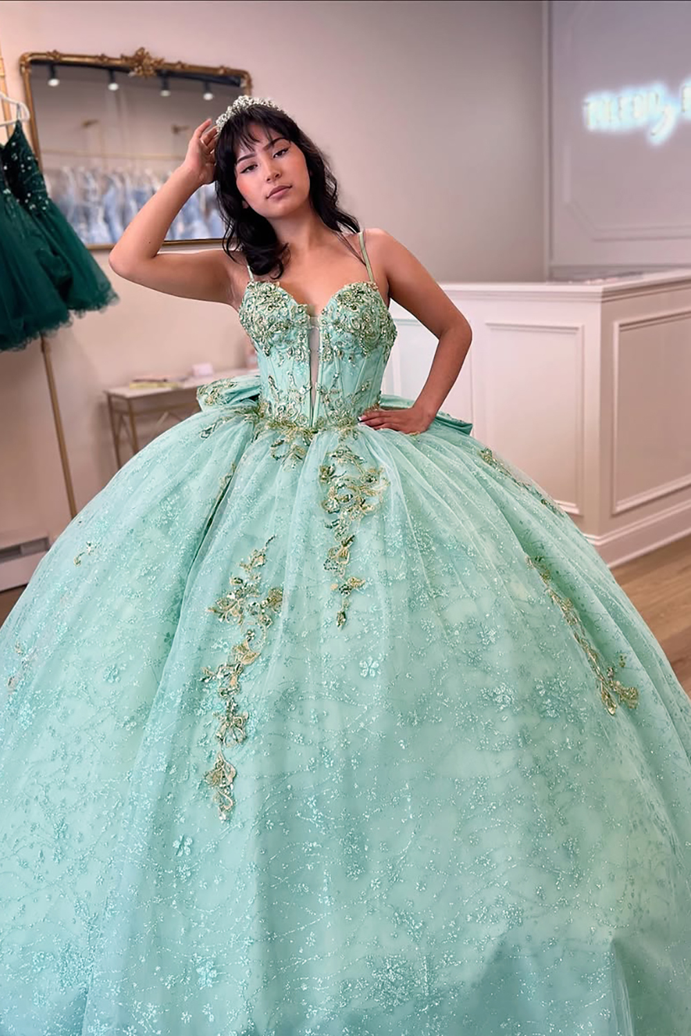 Tulle Quinceanera Ball Gown with Mint Spaghetti Straps and Bow Applique