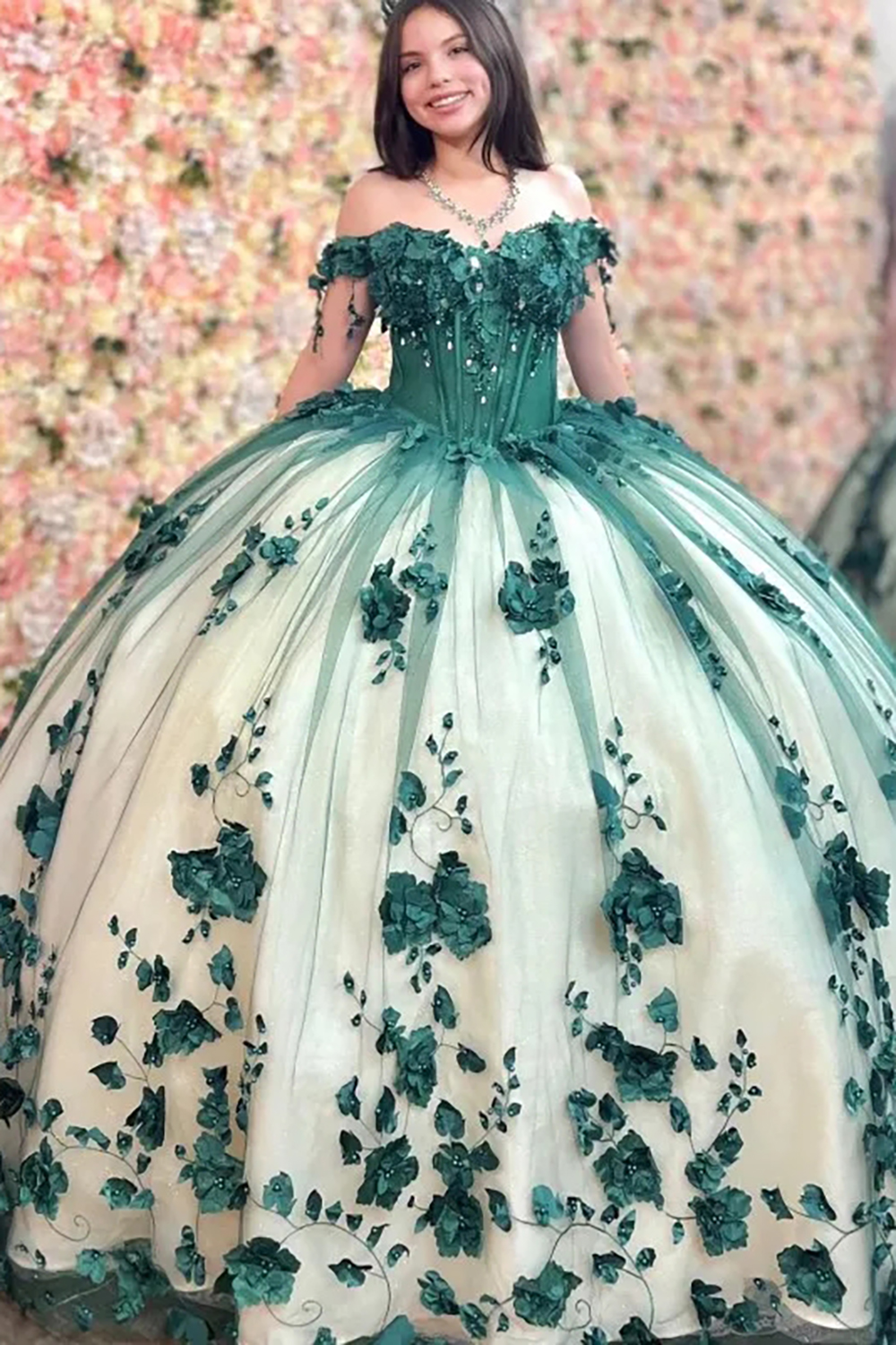 Off the Shoulder Dark Green Princess Tulle Quinceanera Dress with Floral Applique and Champagne Accents