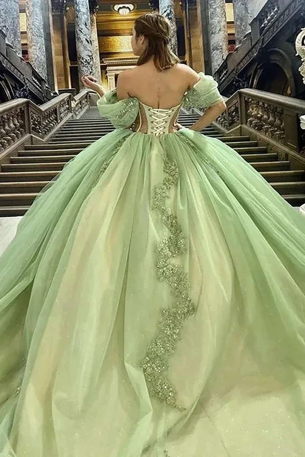Sage Off-the-Shoulder Princess Quinceanera Dress with Beaded Applique and Tulle Train