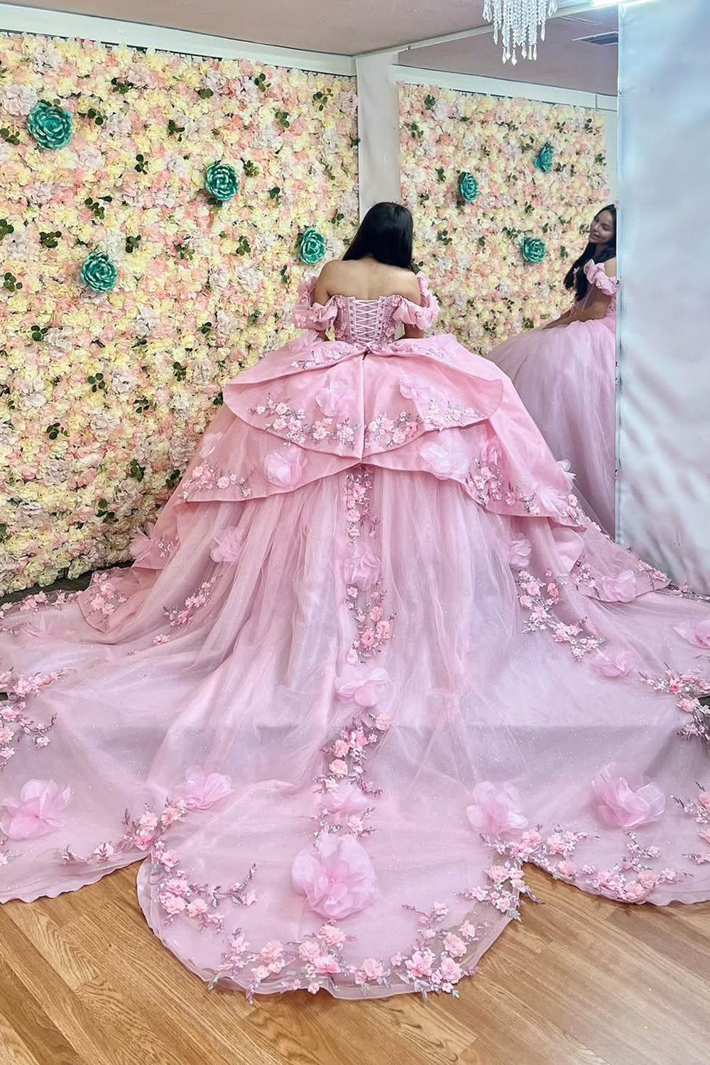 Princess Quinceanera Dress in Candy Pink with Floral Sequin Applique and Off-the-Shoulder Tulle Train