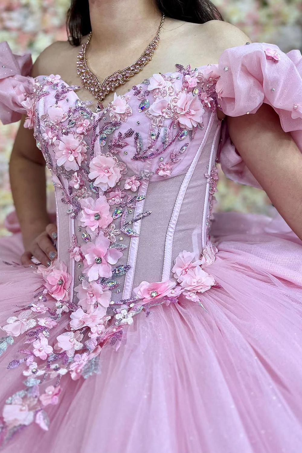 Princess Quinceanera Dress in Candy Pink with Floral Sequin Applique and Off-the-Shoulder Tulle Train