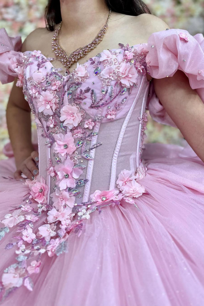 Princess Quinceanera Dress in Candy Pink with Floral Sequin Applique and Off-the-Shoulder Tulle Train