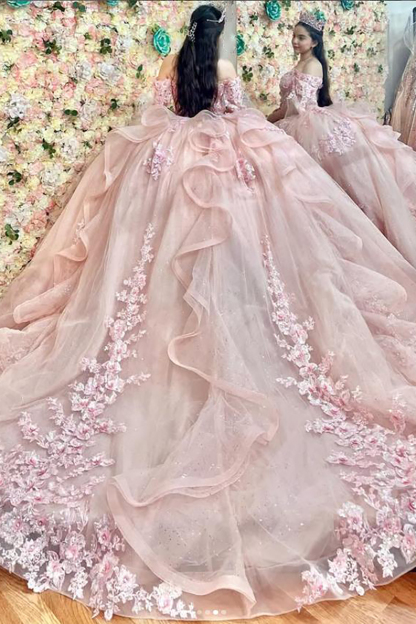 Princess Quinceanera Dress in Blush Pink with Off-Shoulder Sequin Applique and Tulle Cape