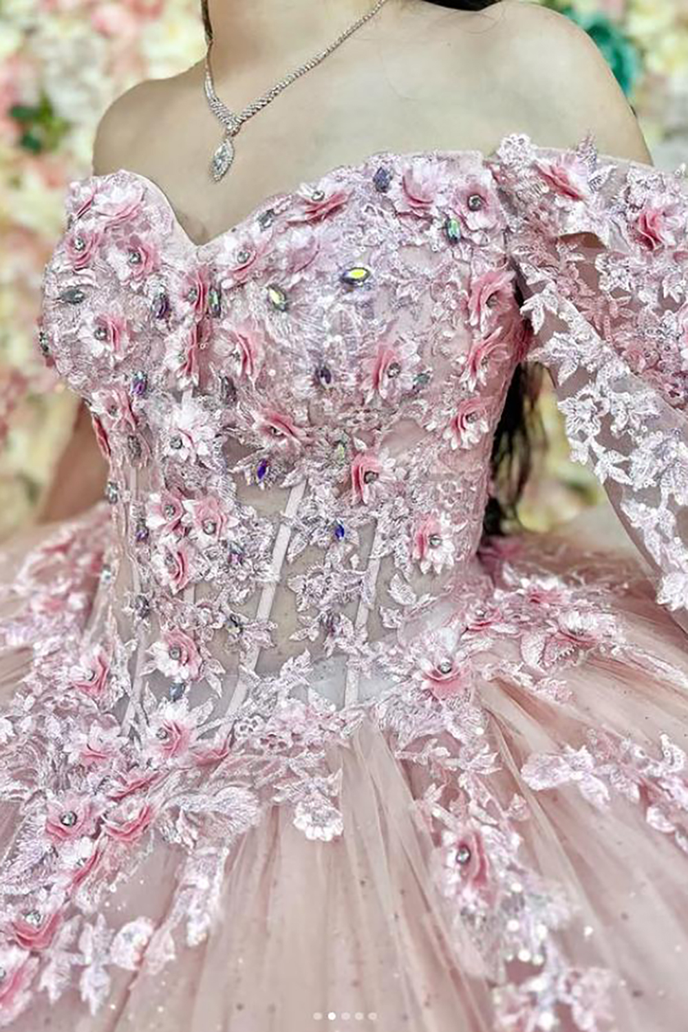 Princess Quinceanera Dress in Blush Pink with Off-Shoulder Sequin Applique and Tulle Cape