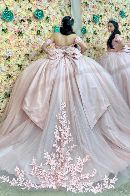 Princess Quinceanera Dress in Blush Pink with Off-Shoulder Beaded Applique and Tulle Bow