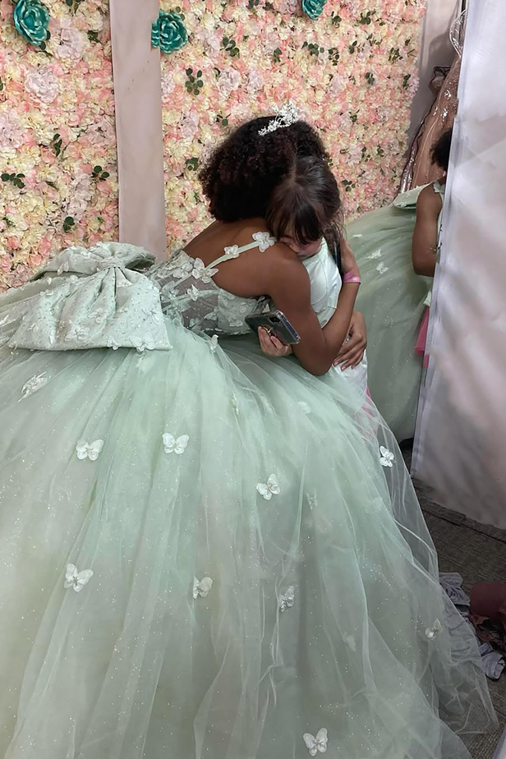 Princess Quinceanera Dress in Sage with Spaghetti Straps, Tulle, and Butterfly Appliques