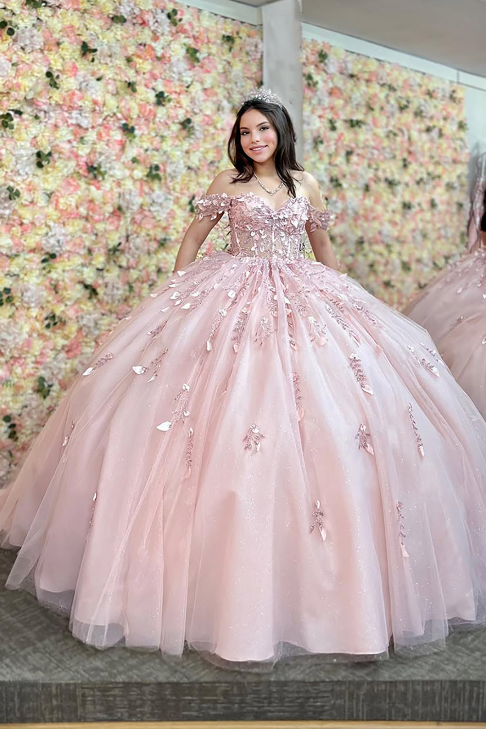 Princess Quinceanera Dress in Dusty Rose with Beaded Applique and Off-Shoulder Tulle Train