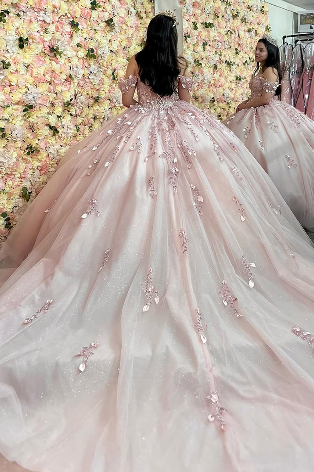 Princess Quinceanera Dress in Dusty Rose with Beaded Applique and Off-Shoulder Tulle Train