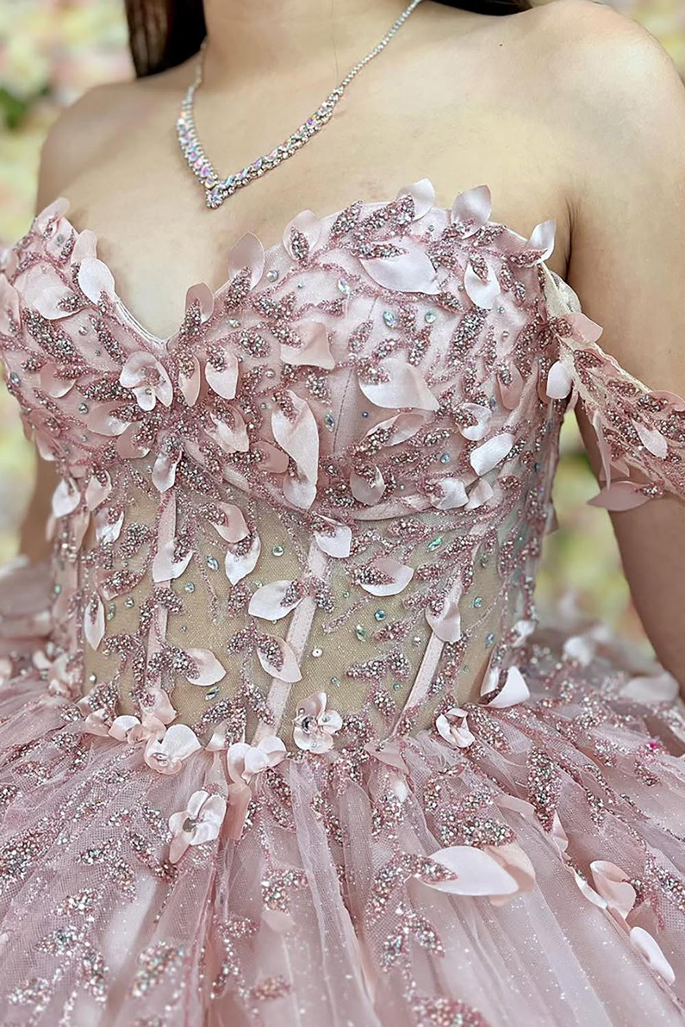 Princess Quinceanera Dress in Dusty Rose with Beaded Applique and Off-Shoulder Tulle Train