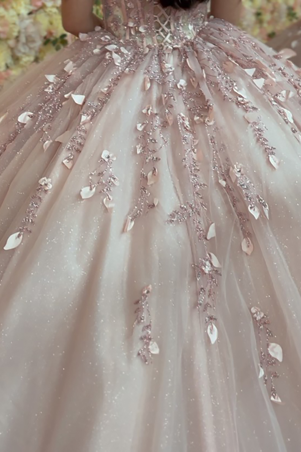 Princess Quinceanera Dress in Dusty Rose with Beaded Applique and Off-Shoulder Tulle Train