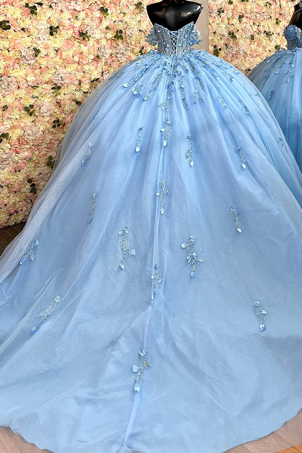 Princess Quinceanera Dress in Dusty Rose with Beaded Applique and Off-Shoulder Tulle Train