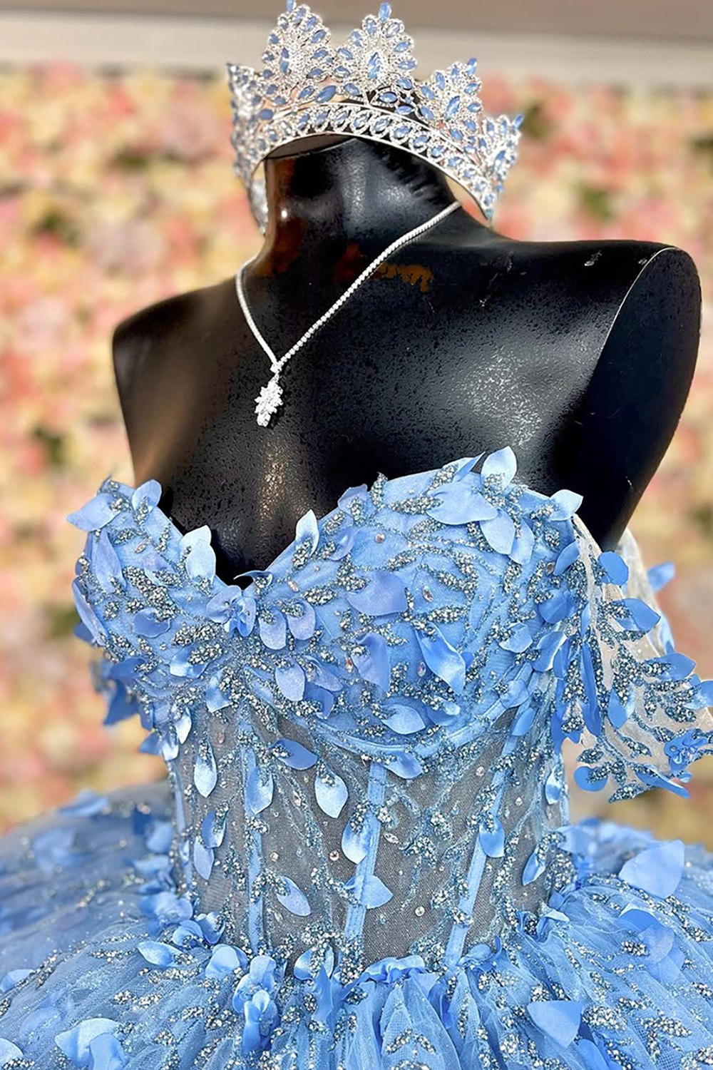 Princess Quinceanera Dress in Dusty Rose with Beaded Applique and Off-Shoulder Tulle Train