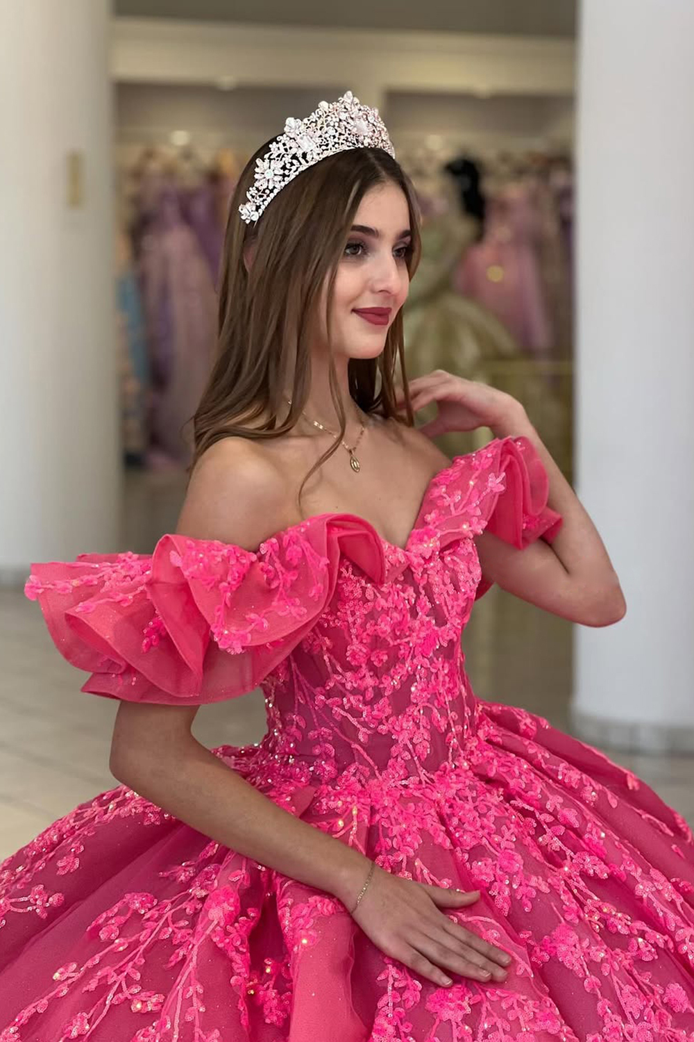 Off the Shoulder Hot Pink Tulle Quinceanera Dress with Sparkly Ruffle and Sequined Appliques