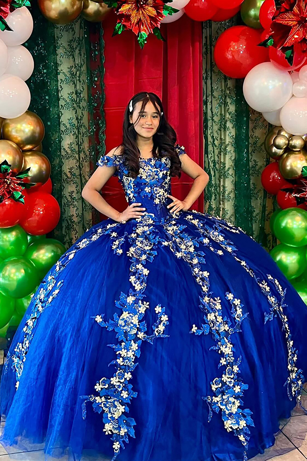 Princess Quinceanera Dress in Royal Blue with Off-the-Shoulder Tulle and Applique Train