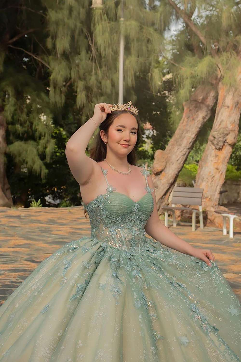 Quinceanera Dress in Dusty Sage with Tulle Spaghetti Straps and Appliques