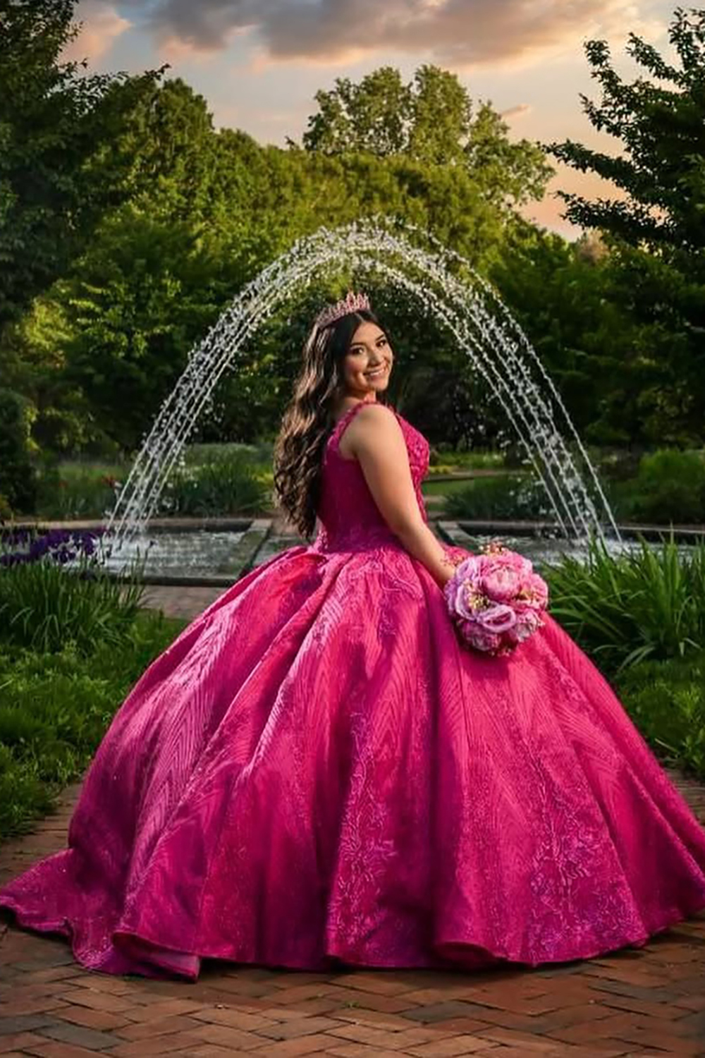 Quinceanera Ball Gown in Fuchsia with Spaghetti Straps and Appliques