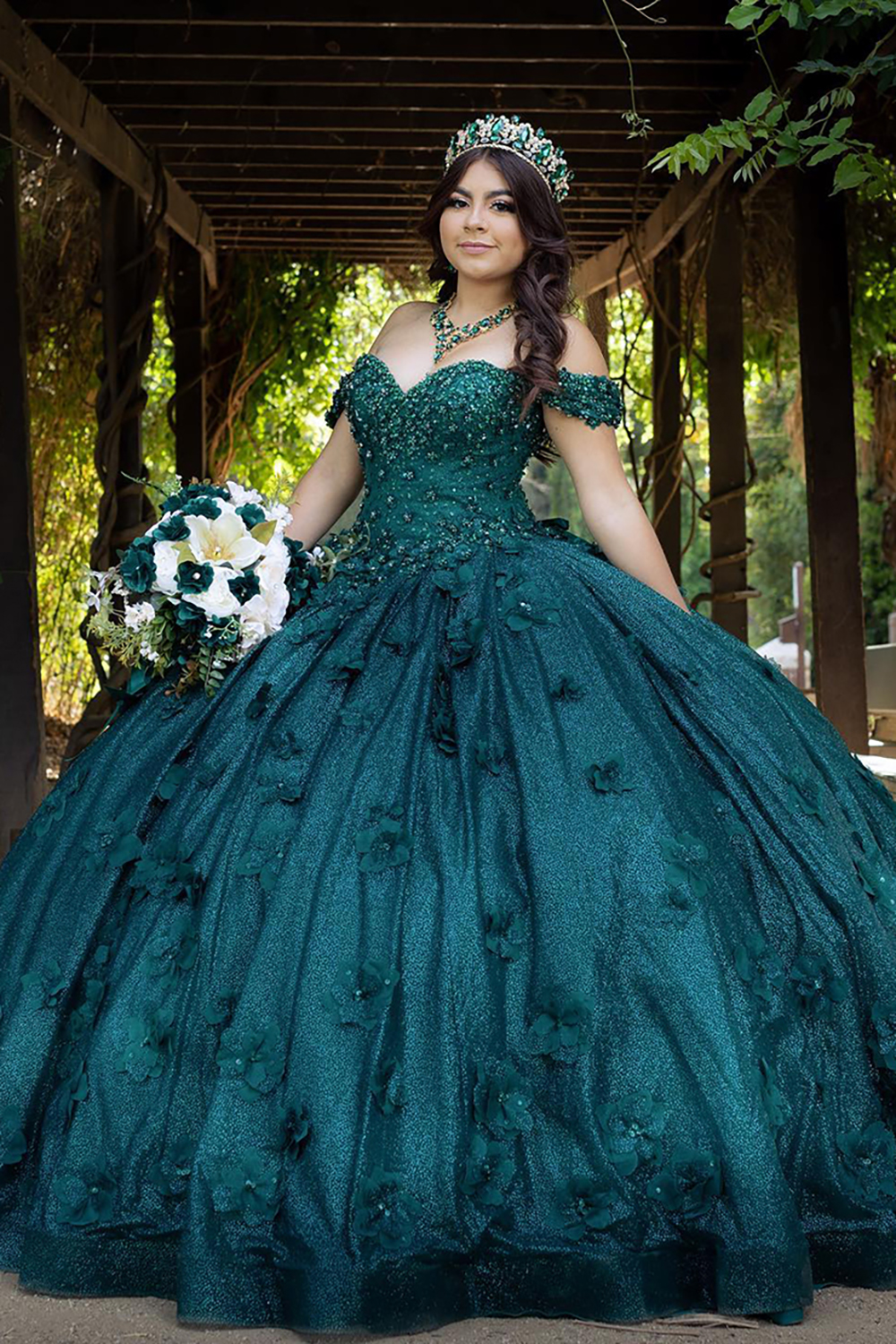Dark Green Sparkly Off-the-Shoulder Quinceanera Ball Gown Featuring Appliques