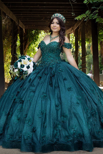 Dark Green Sparkly Off-the-Shoulder Quinceanera Ball Gown Featuring Appliques