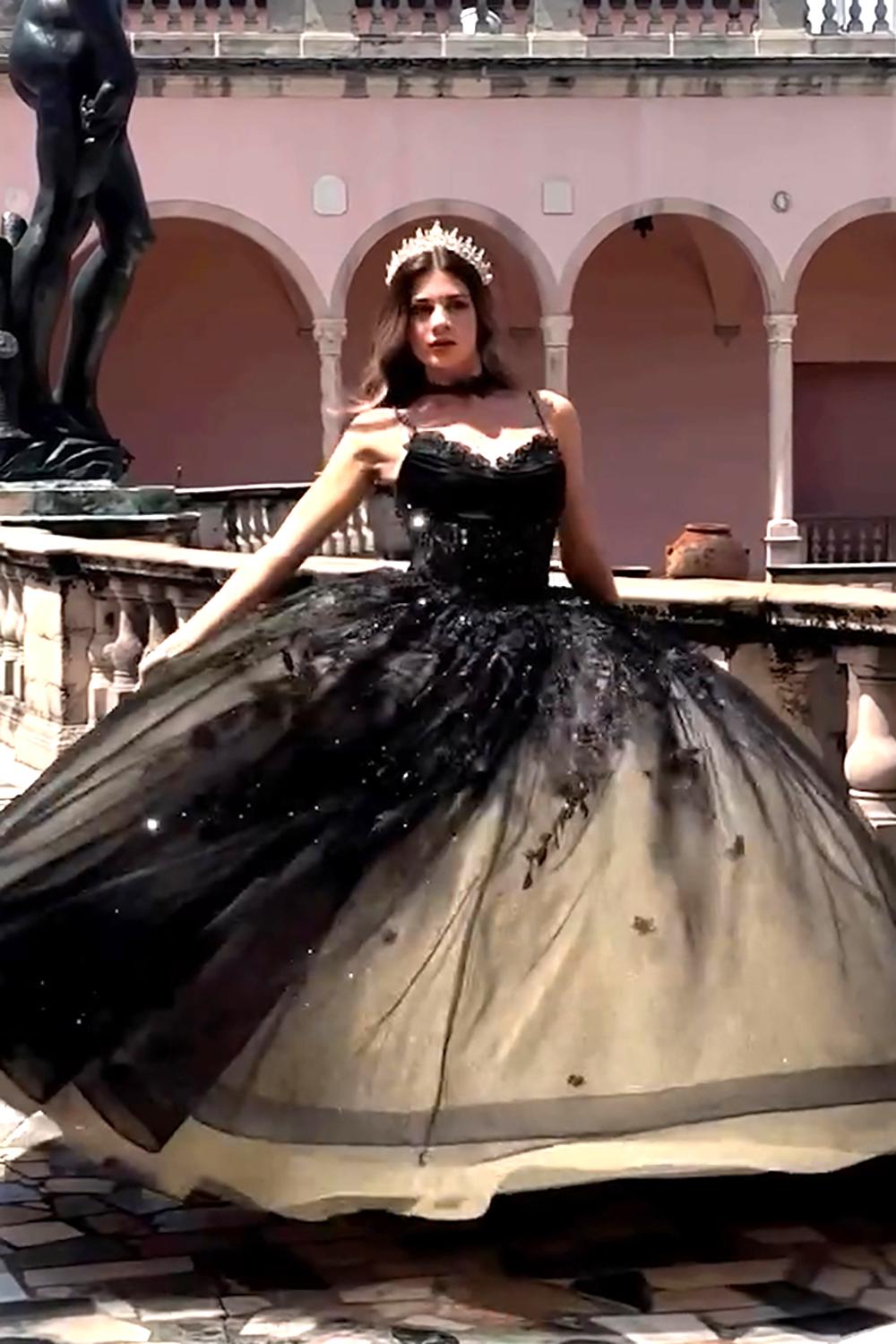 Quinceanera Dress in Sparkly Black Tulle Featuring Spaghetti Straps and Appliques