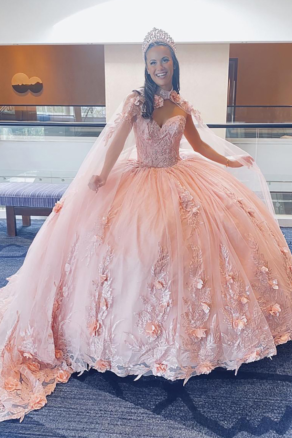 Princess Sweetheart Quinceanera Dress in Pink with Tulle Applique and Cape