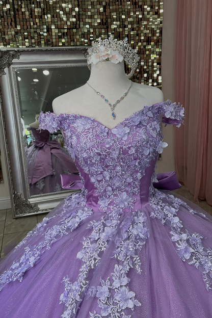 Off the Shoulder Purple Tulle Ball Gown with Applique for Quinceanera
