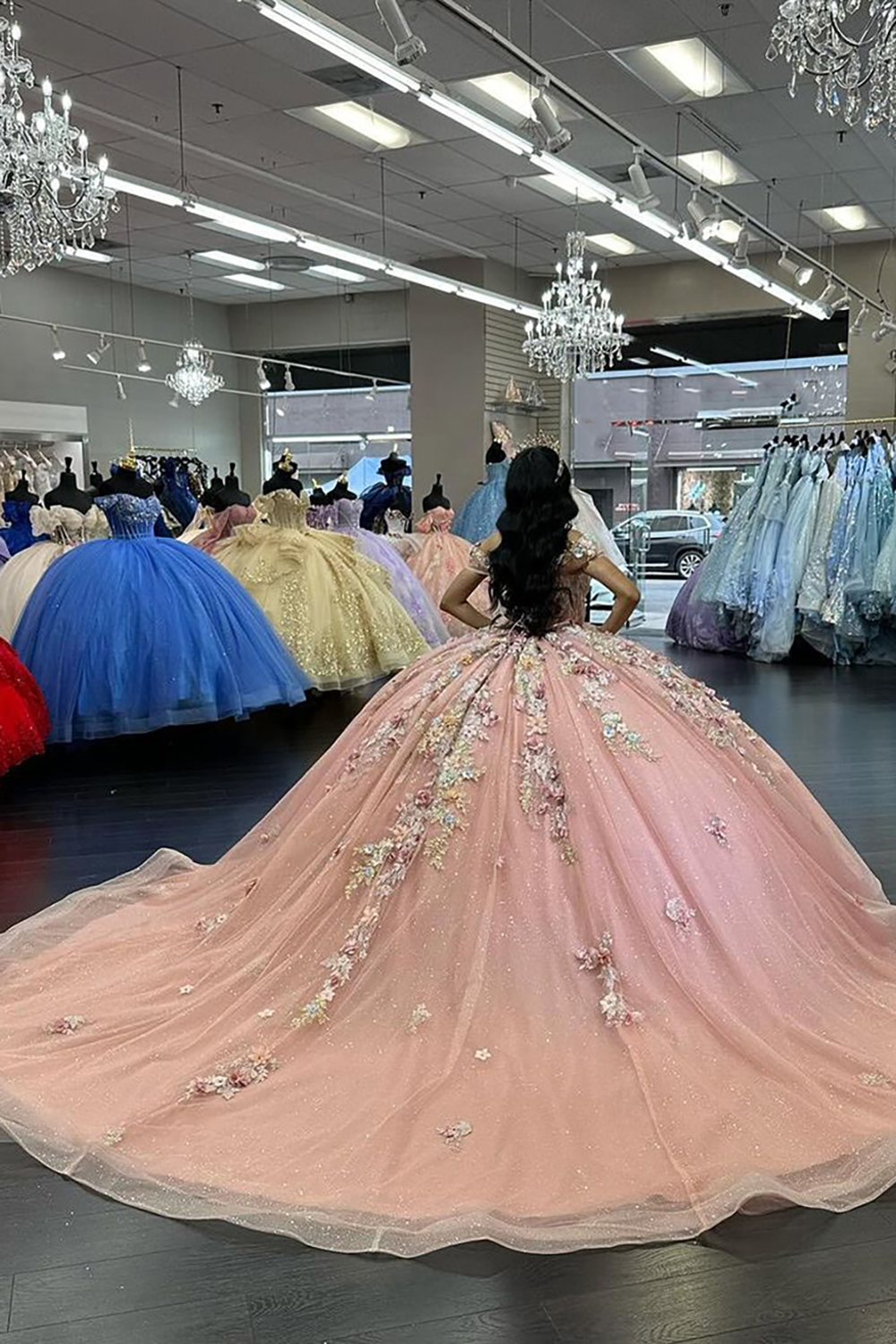 Off-the-Shoulder Pink Sparkly Quinceanera Ball Gown with Tulle Applique and Train