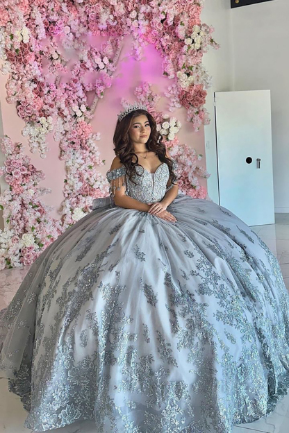 Princess Off-the-Shoulder Quinceanera Dress in Silver Grey with Tulle Applique and Beading