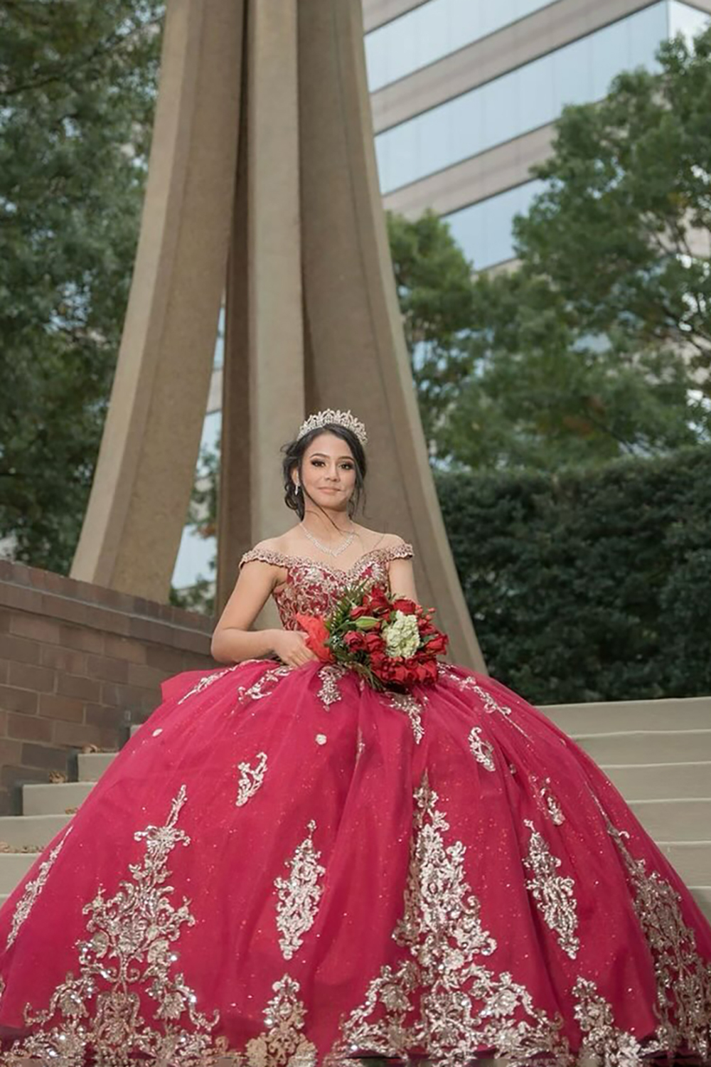 Off-the-Shoulder Red Tulle Quinceanera Dress with Sparkly Sequins Applique
