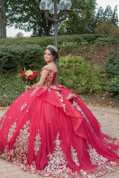 Off-the-Shoulder Red Tulle Quinceanera Dress with Sparkly Sequins Applique