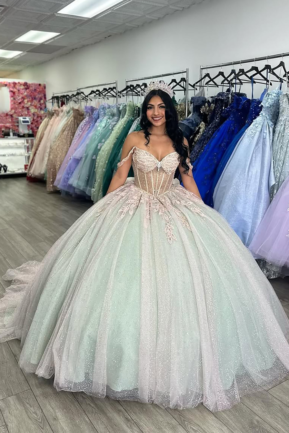 Princess Quinceanera Dress in Sage with Off-the-Shoulder Tulle and Bow Applique