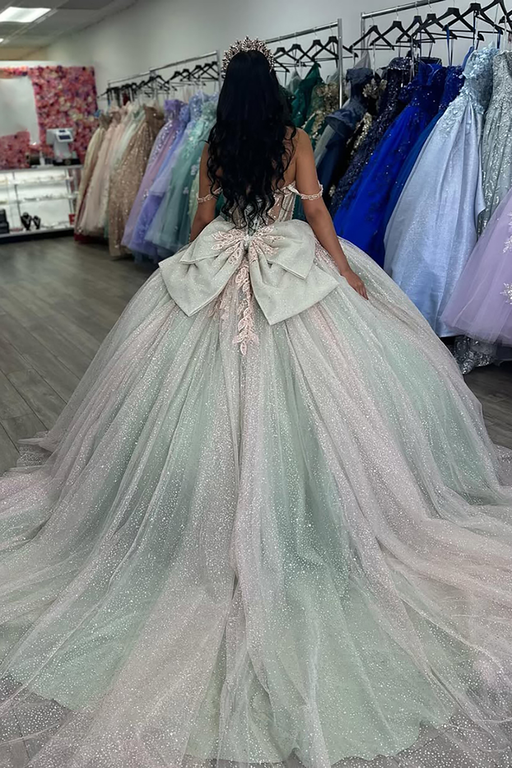 Princess Quinceanera Dress in Sage with Off-the-Shoulder Tulle and Bow Applique