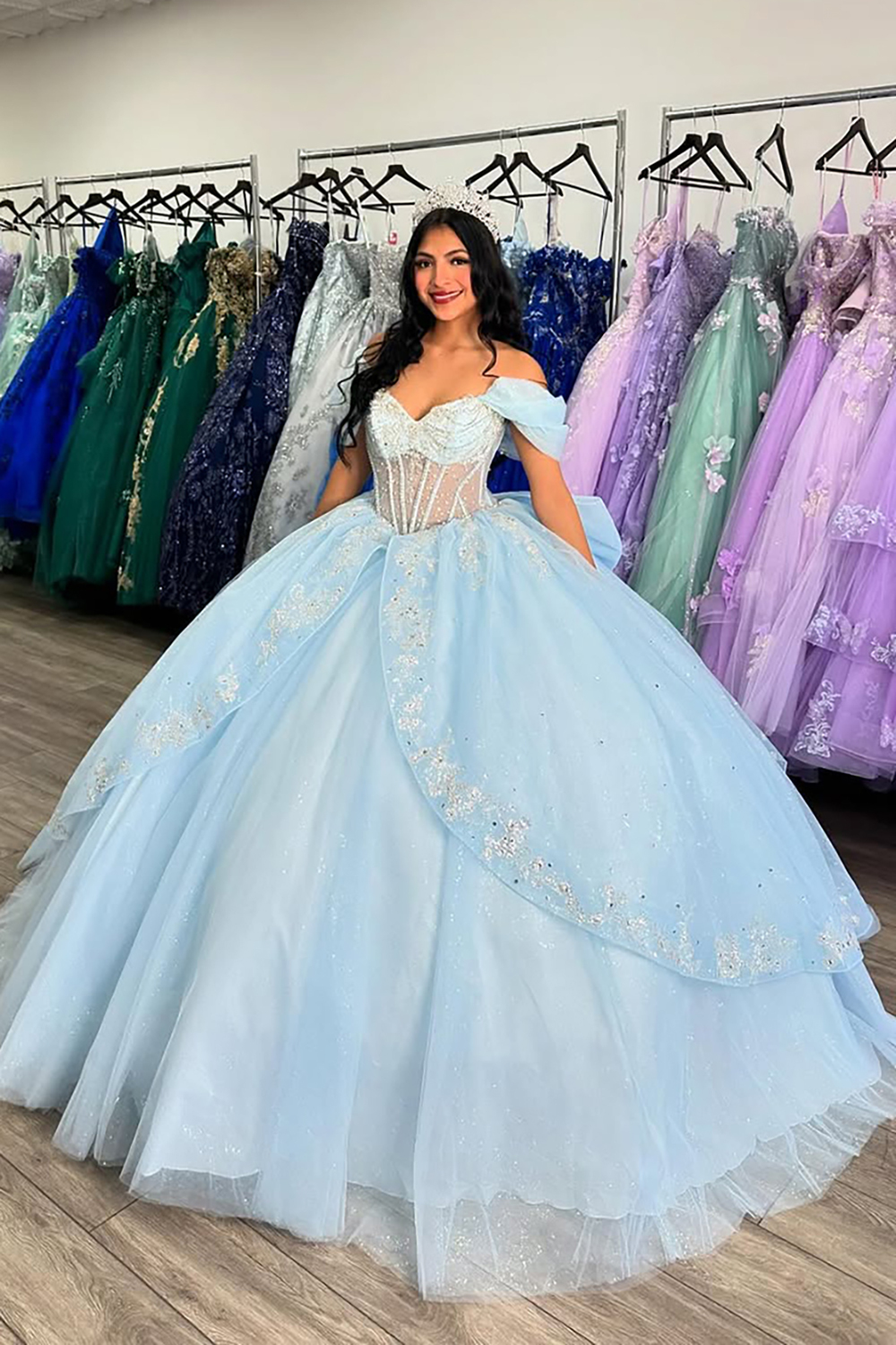 Off-the-Shoulder Sky Blue Tulle Quinceanera Dress with Beaded Details