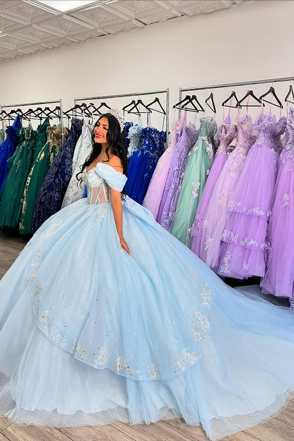 Off-the-Shoulder Sky Blue Tulle Quinceanera Dress with Beaded Details