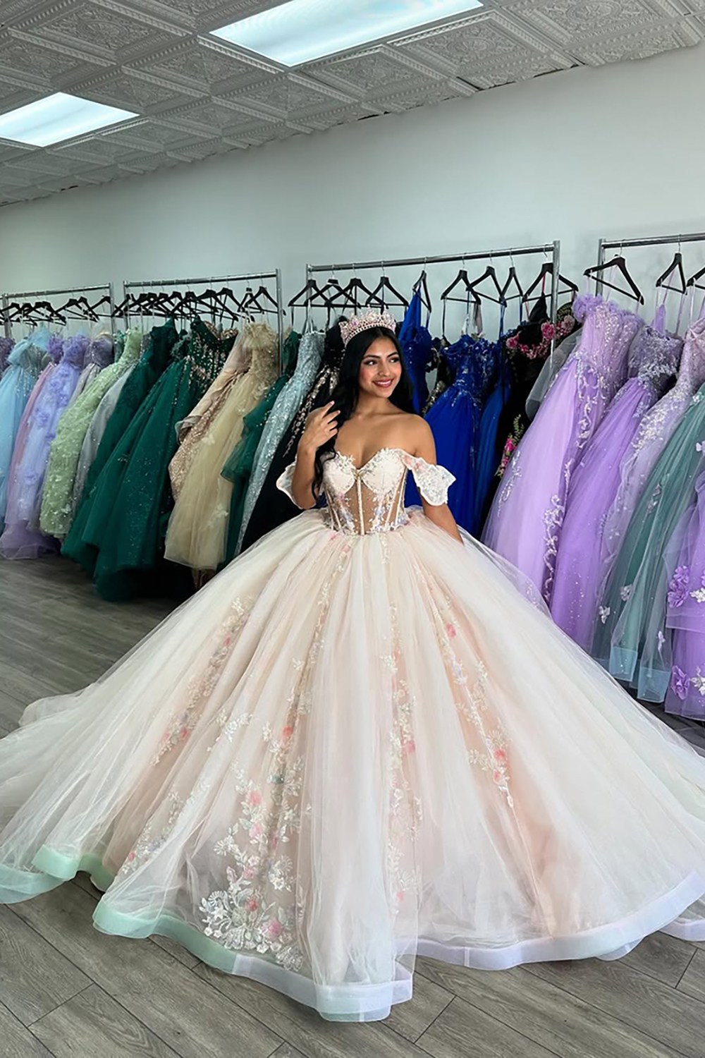 Off-the-Shoulder Beige Corset Ball Gown with Appliques for Quinceanera