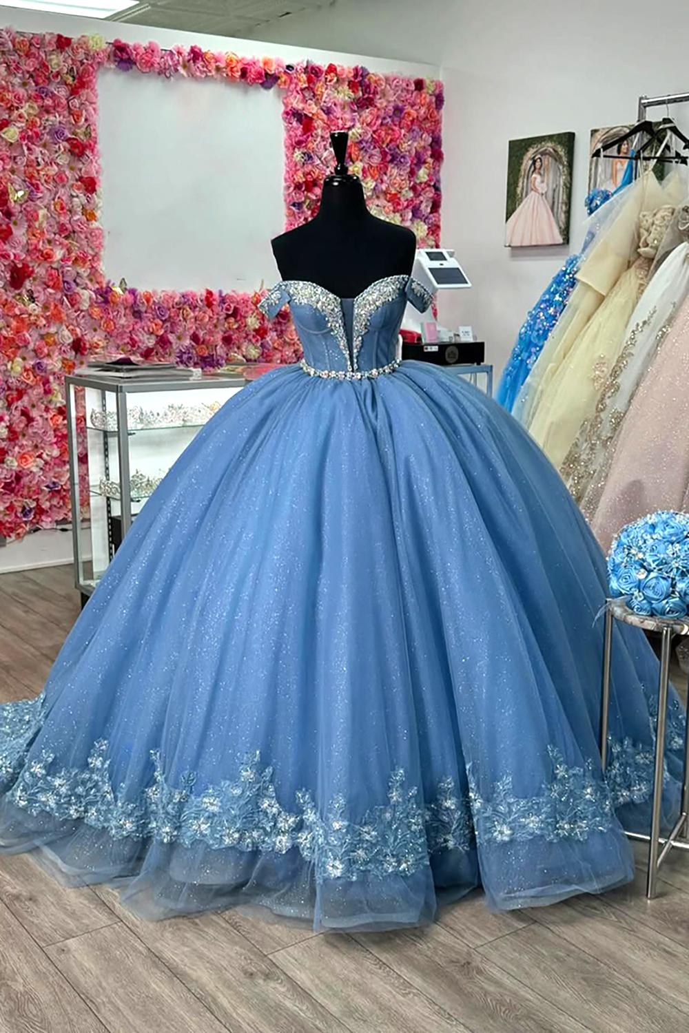 Princess Quinceanera Dress in Sparkly Grey Blue with Off the Shoulder Tulle and Appliques