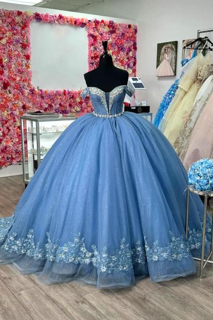 Princess Quinceanera Dress in Sparkly Grey Blue with Off the Shoulder Tulle and Appliques