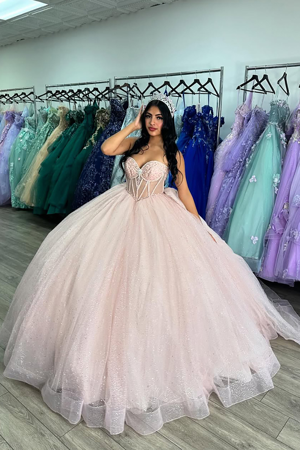 Sweetheart Princess Quinceanera Dress in Sparkly Pink Tulle with Beading