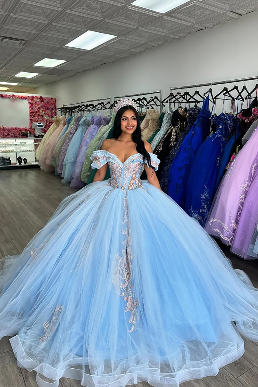 Off the Shoulder Blue Tulle Quinceanera Dress with Sparkly Sequins Appliques