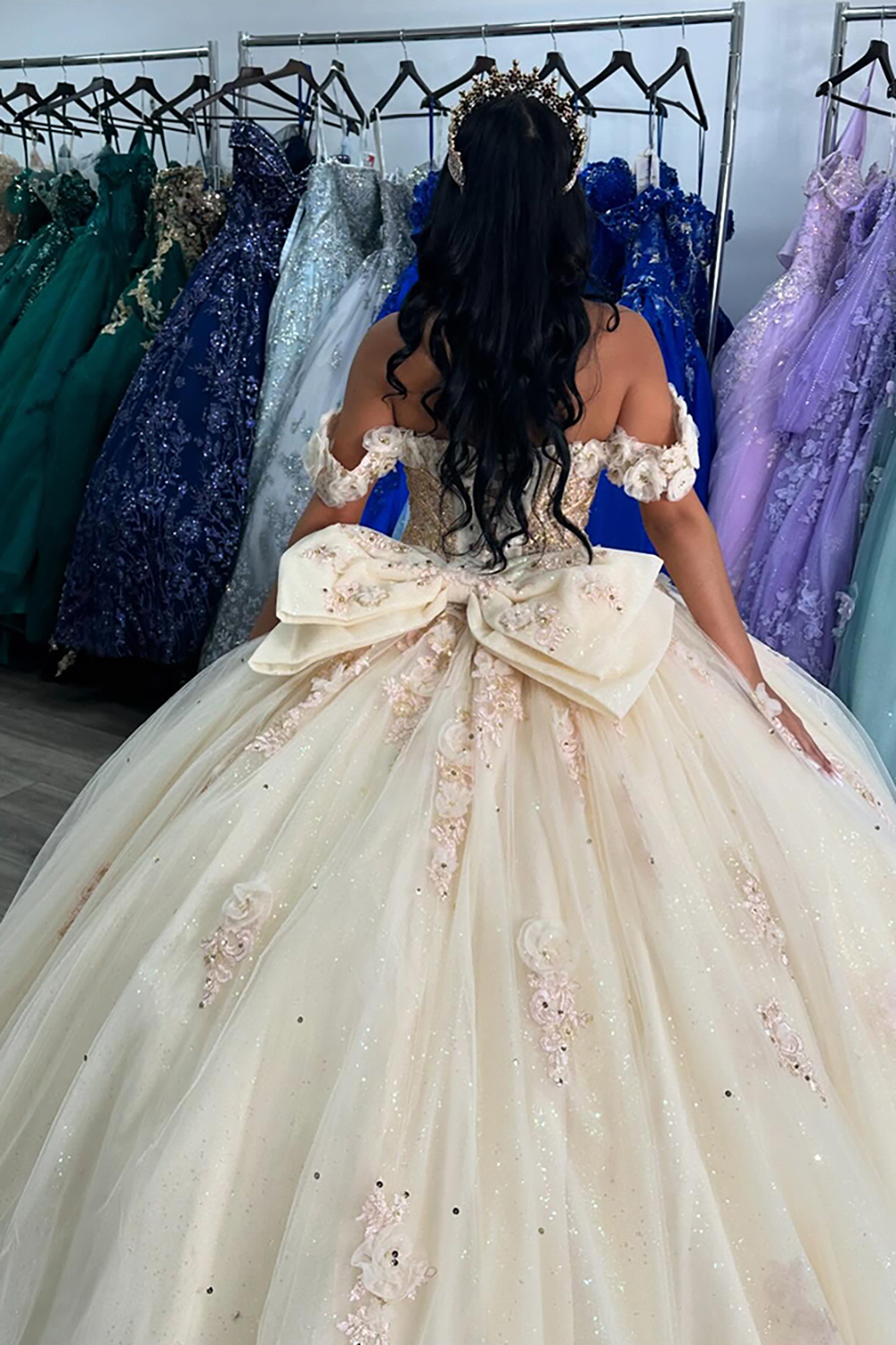 Beige Sparkle Corset Ball Gown with Off-Shoulder Bow for Quinceanera