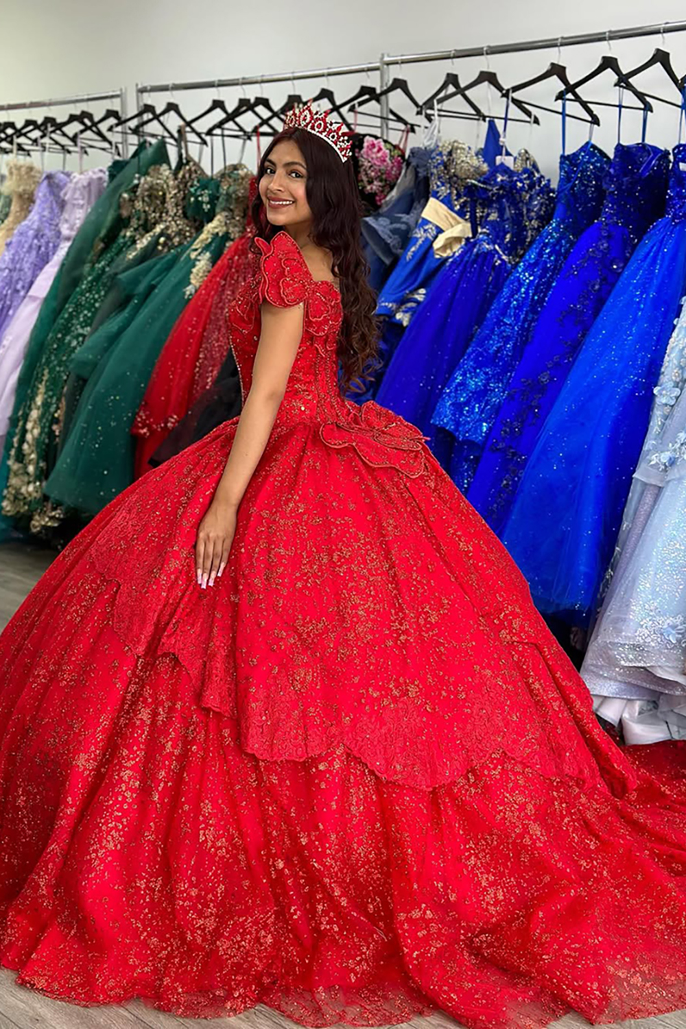Quinceanera Dress in Sparkly Red with Off-the-Shoulder Design and Applique Details