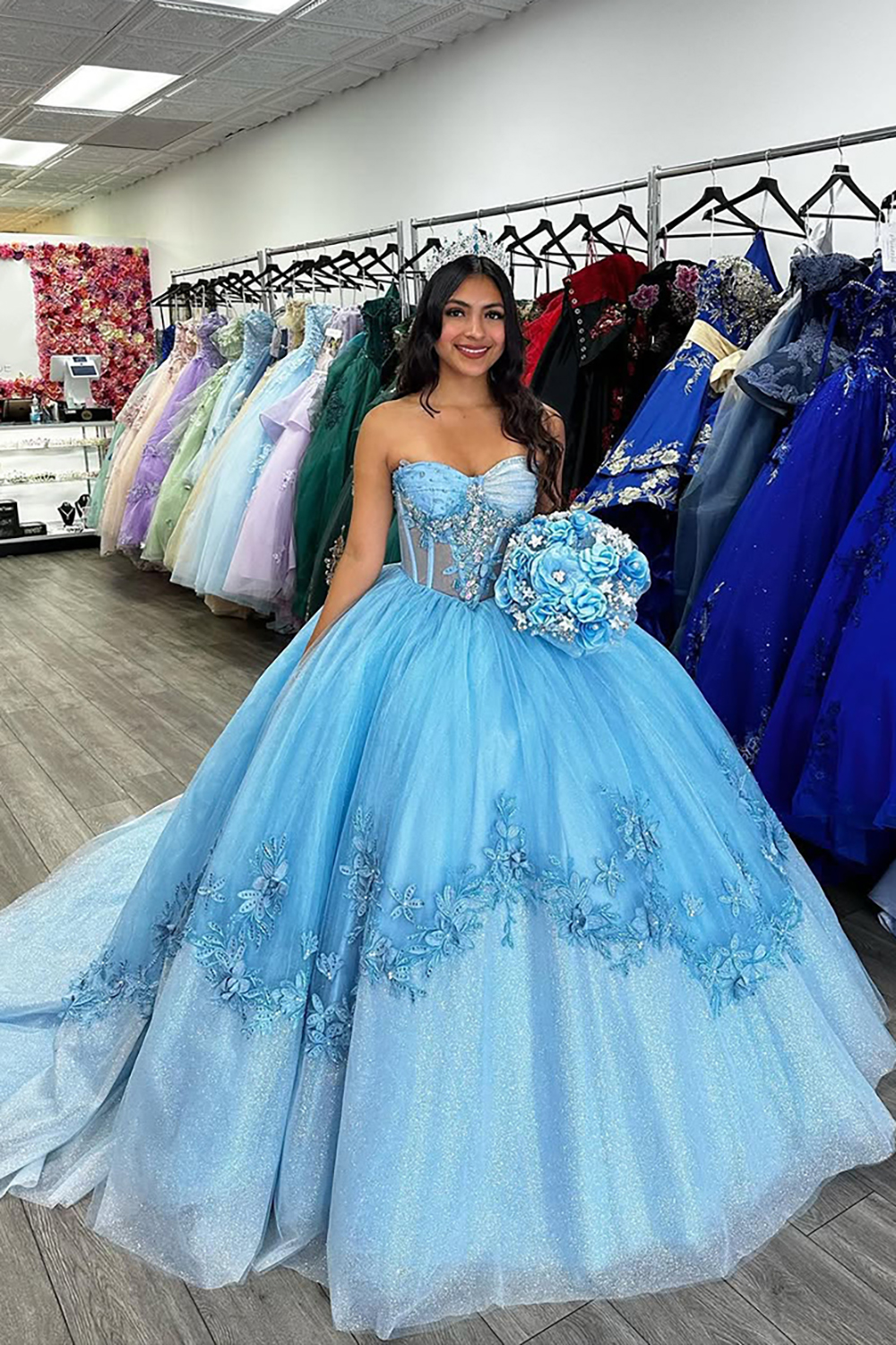 Sweetheart Ball Gown in Blue Tulle with Applique for Quinceanera