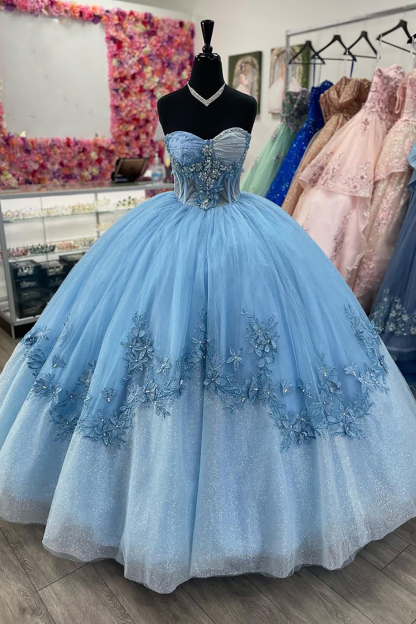 Sweetheart Ball Gown in Blue Tulle with Applique for Quinceanera