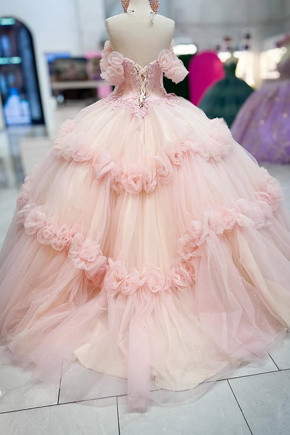 Off-the-Shoulder Ball Gown Quinceanera Dress in Pink with Floral Appliques