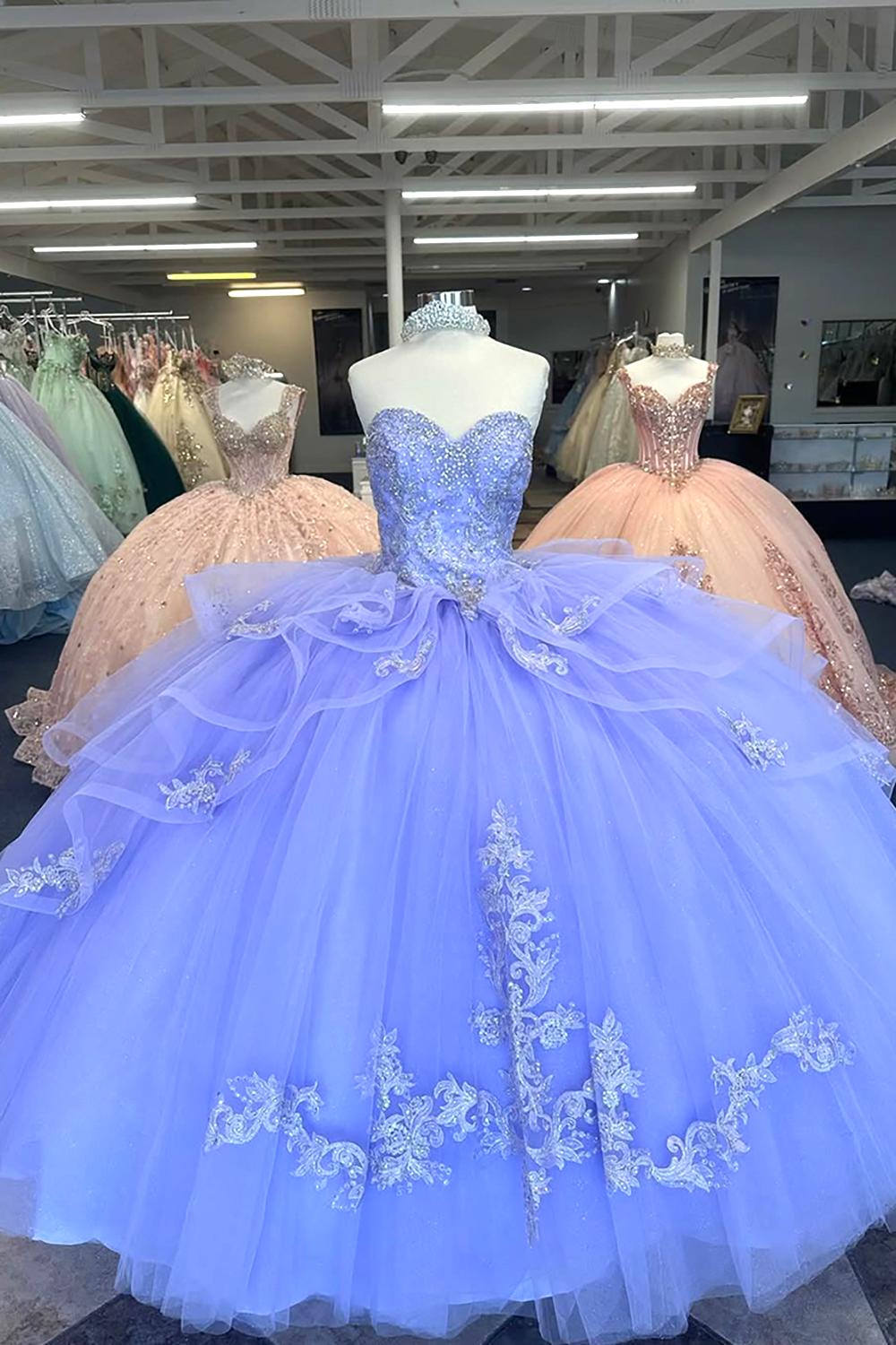 Sweetheart Quinceanera Dress in Blue with Princess Organza Applique and Beading