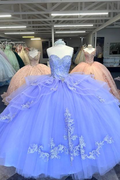 Sweetheart Quinceanera Dress in Blue with Princess Organza Applique and Beading