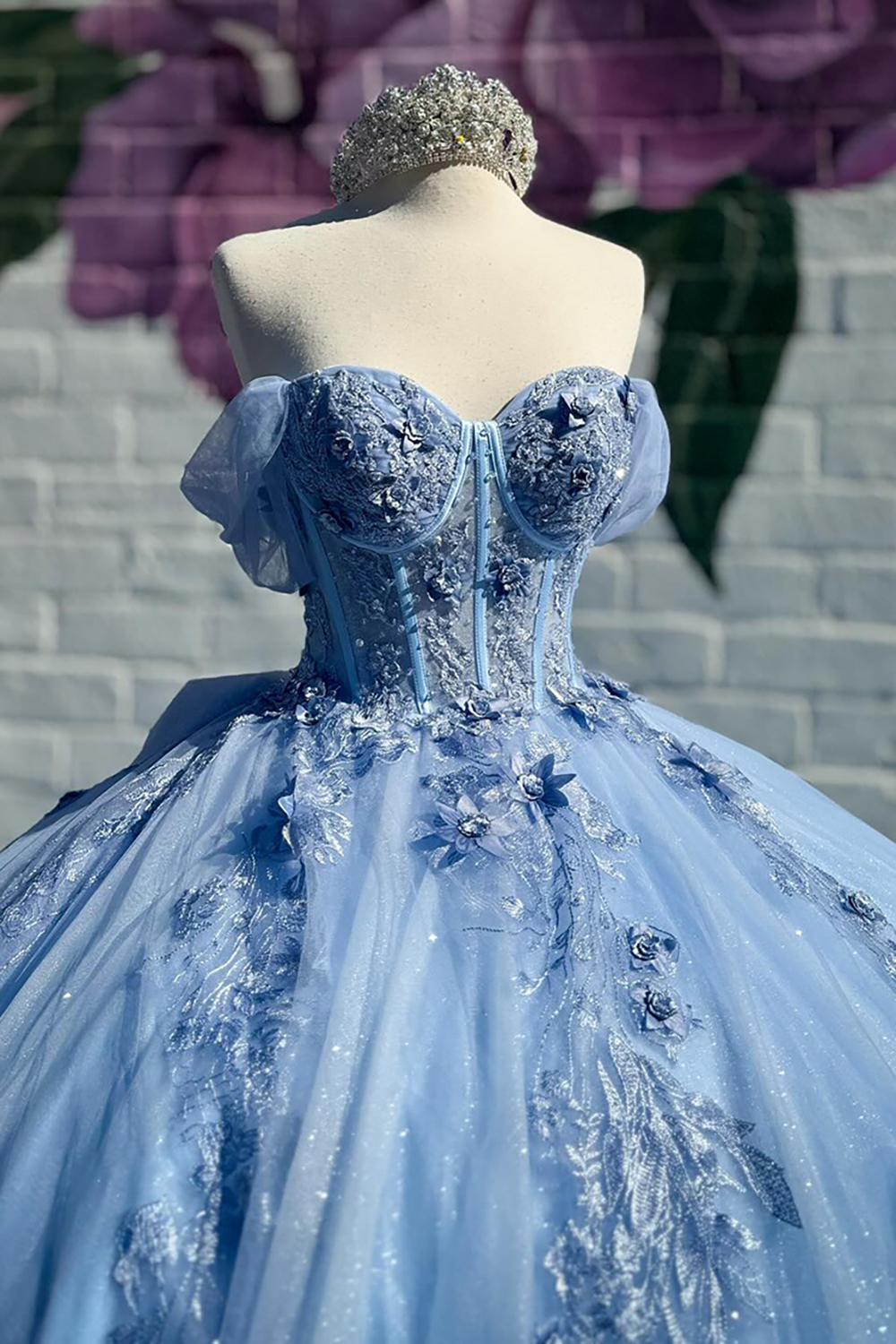 Off the Shoulder Blue Princess Organza Quinceanera Dress Featuring a Bow and Applique